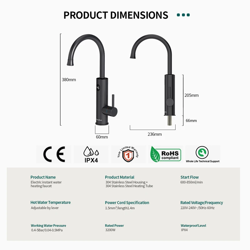 Briwellna 220V 3200W 304 Stainless Steel Electric Water Tap Instant Hot Water Faucet for Kitchen