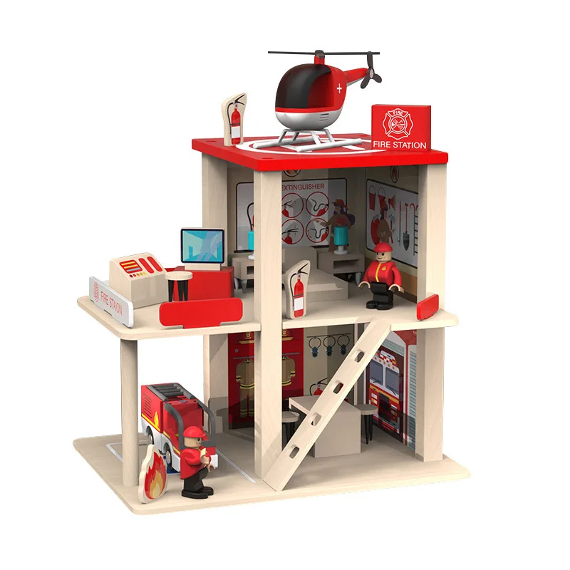 Kids Wooden Role Play Toys Simulation DIY Wooden Police Station Fire Station Toys Wooden Toys