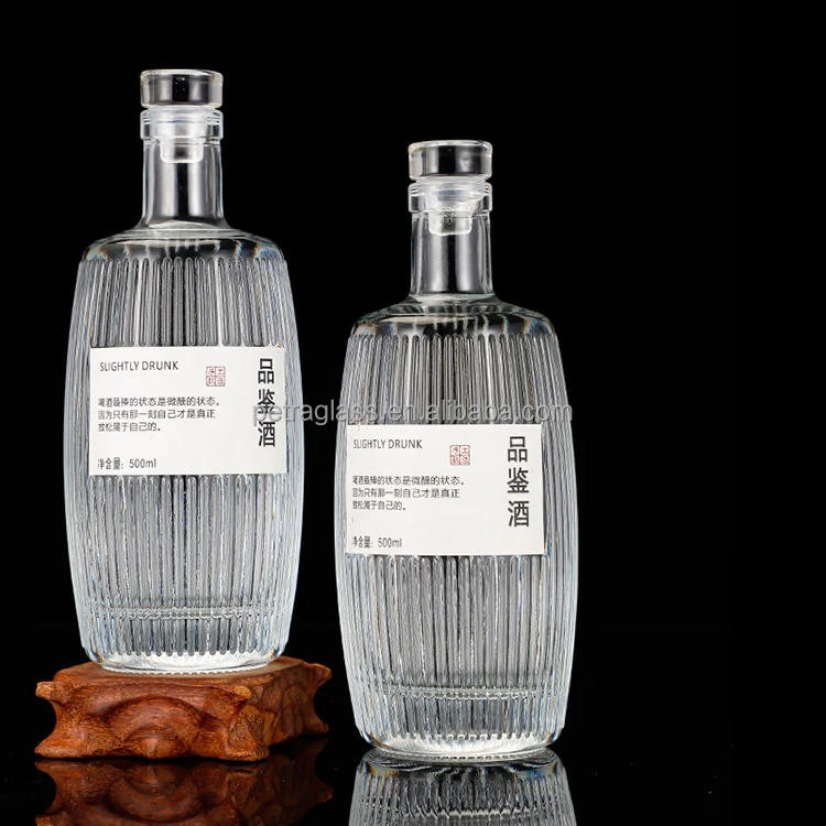 Unique 500ml Clear round Glass Wine Bottle Cork/Glass Stopper Box Beverage Gin Spirit Liquor Screen Printing Surface Handling