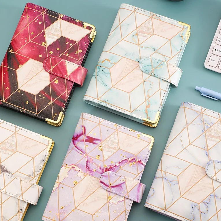 A6 PU Leather Budget Binder Planner, A6 Cash Envelope Money Saving Organizer 6 Rings Agenda Marble PU Leather Cover A6 Binder