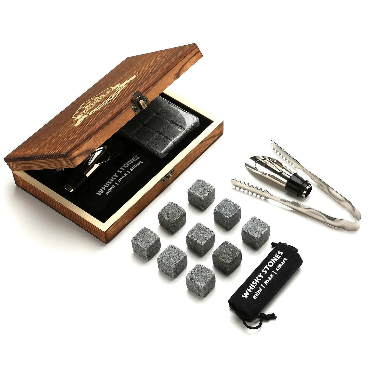 Whiskey Stone Gift Set 9 Granite Velvet Bags Pouring Spout Wooden Box Jack Daniels Gifts For Men