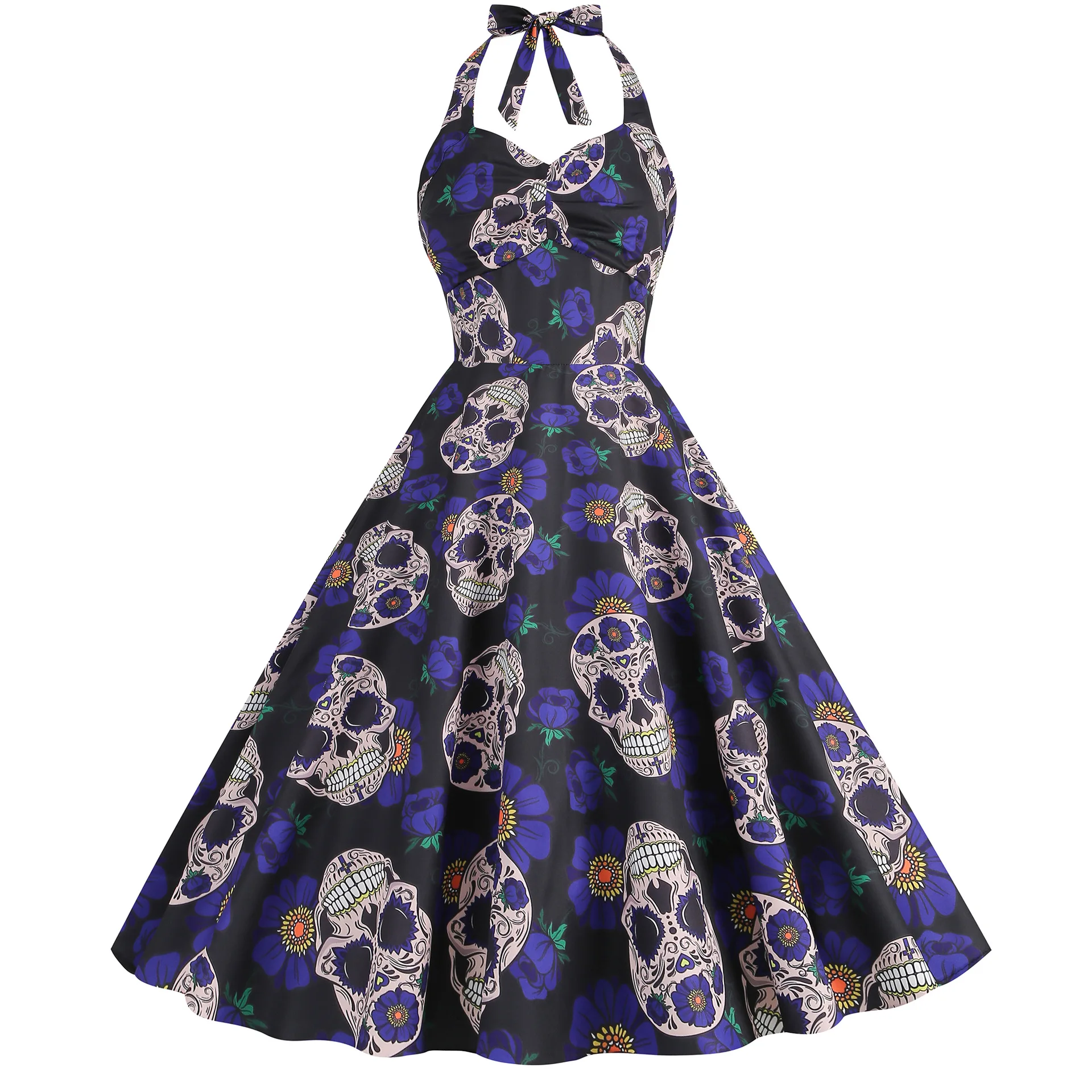 Women Robe Swing Skull Print Scarey Halloween Costumes Midi Vestidos Sexy Halter Strapless Gothic Retro Rave Party Dresses