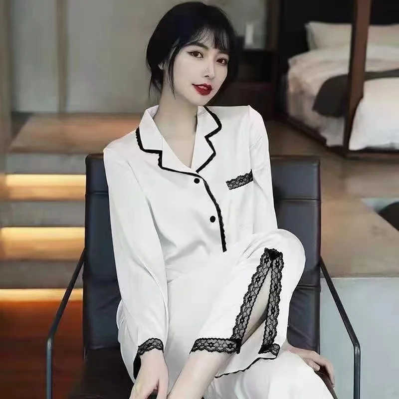 Spring and autumn new pajama set long sleeve pants two-piece set lace silk loungewear for women