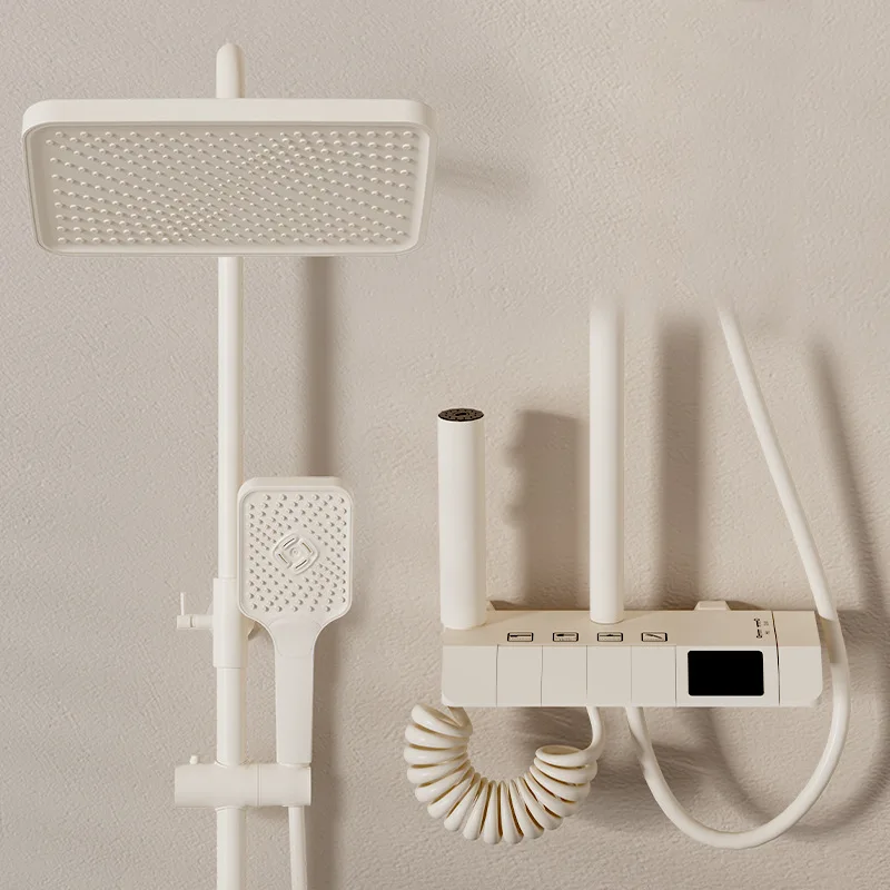 New Milky white Piano Key Copper Exposed Shower Mixer Led Temperature Digital Display Shower Set Bathroom