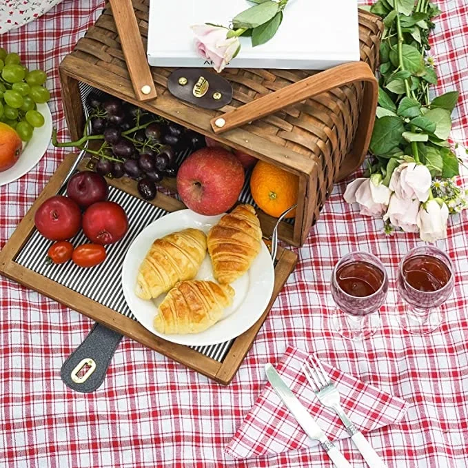 Woodchip Picnic Basket, Natural Handmade Woven Basket with Lid& Double Folding Handles, Wicker Basket & Storage Easter Basket