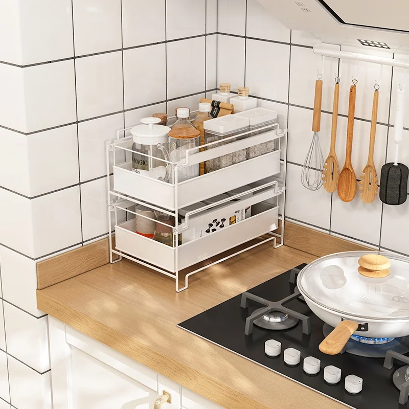 Space-Saving Kitchen Stacked drawer type holder storage slide out cabinet organizer
