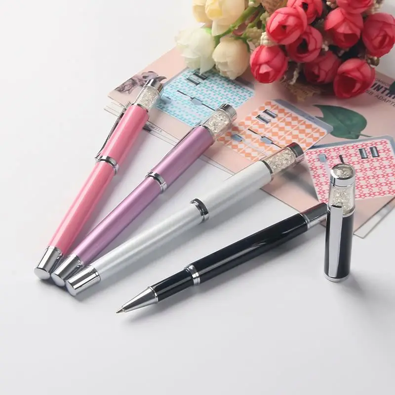 Hot selling metal elegent crystal gel refills ball pen business and wedding gift metal roller pen