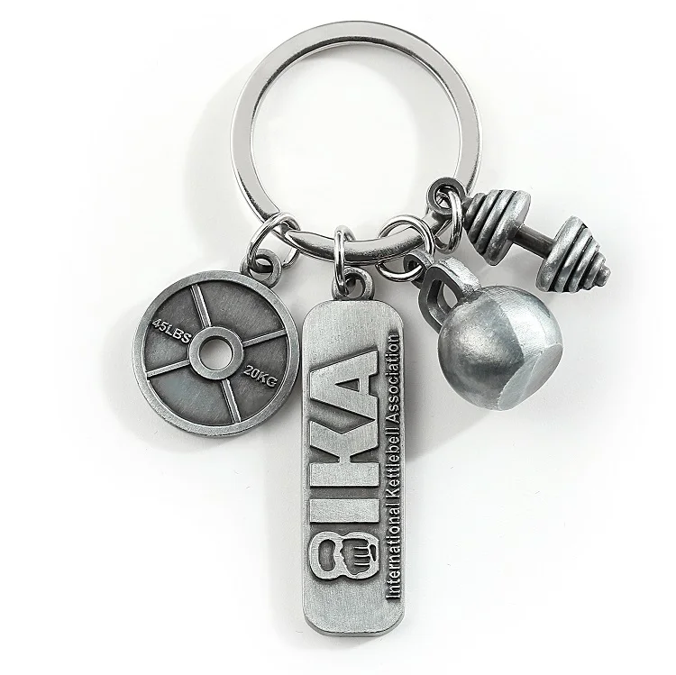 In Stock Antique Silver Charm Keyring Equipment Sport Barbell Gym Fitness Keychain Keyring For Brand Promotion