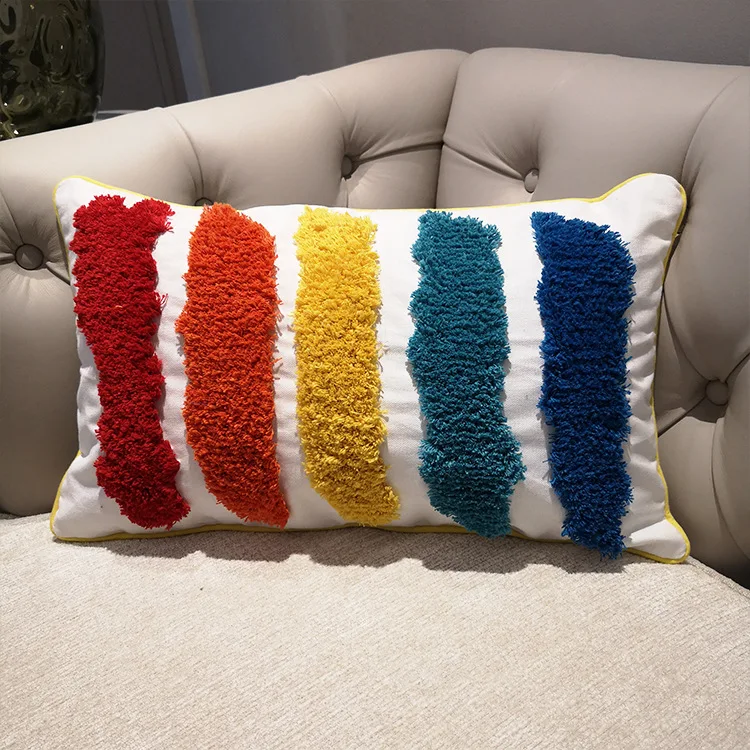 Wholesale colorful tufted pillow rainbow tassel throw pillow covers
