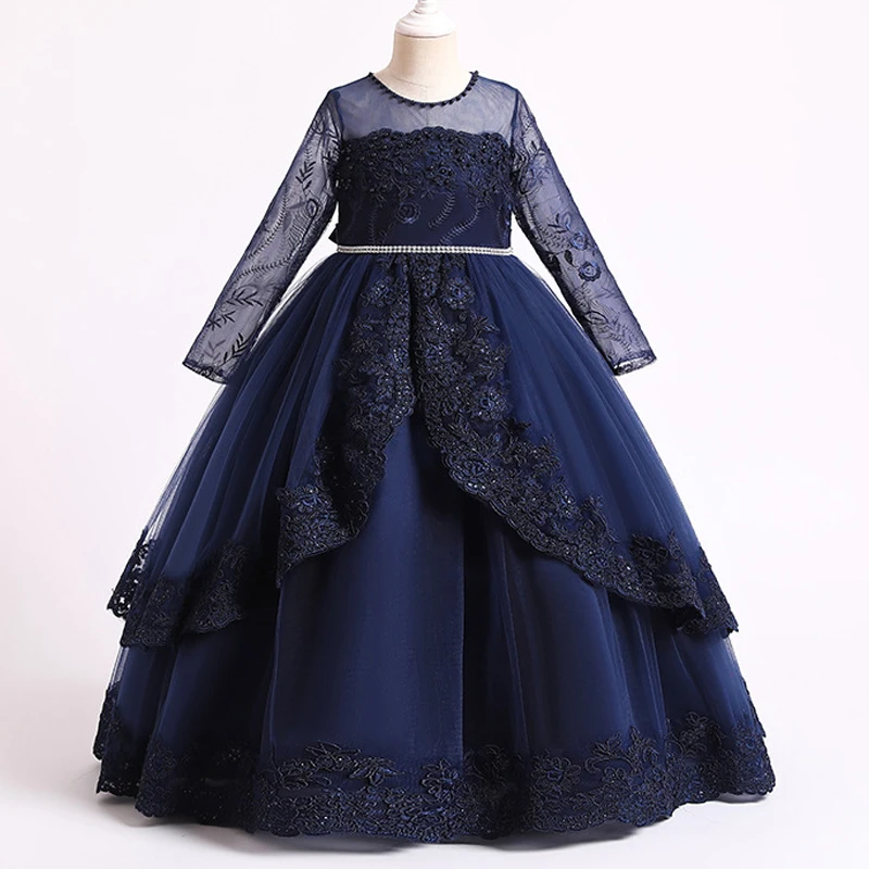 Teens Girls Lace Long Sleeve Princess Dress Kids Beaded Christmas Evening Party Gown Flower Girls Wedding Dress