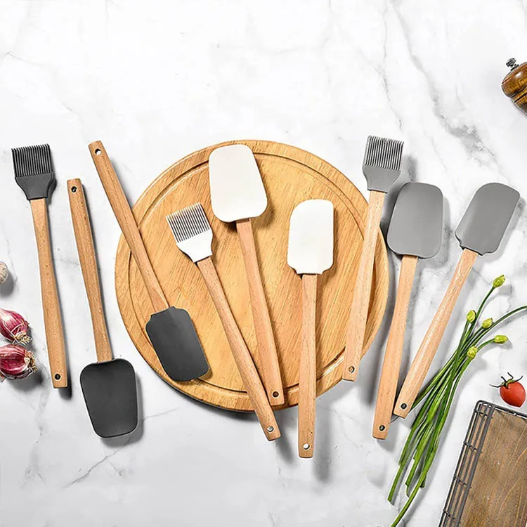 Heat Resistant Silicon Oil Brush And Spatula Kitchen Set Spatula Kids Cooking And Baking Gift Set Solid Wood Handle
