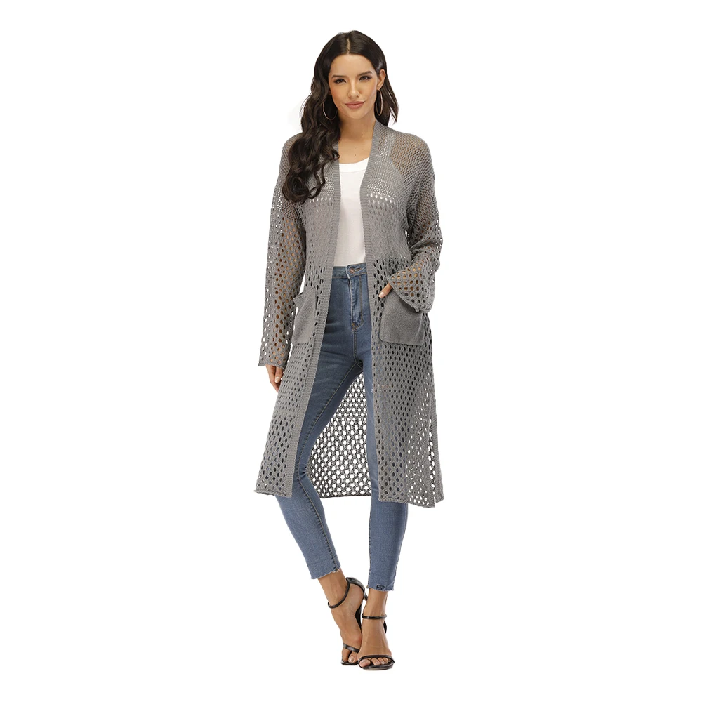 Оптовая Продажа с фабрики новое летнее женское вязаное пальто длинными рукавами и карманами длинное пальто-кардиган