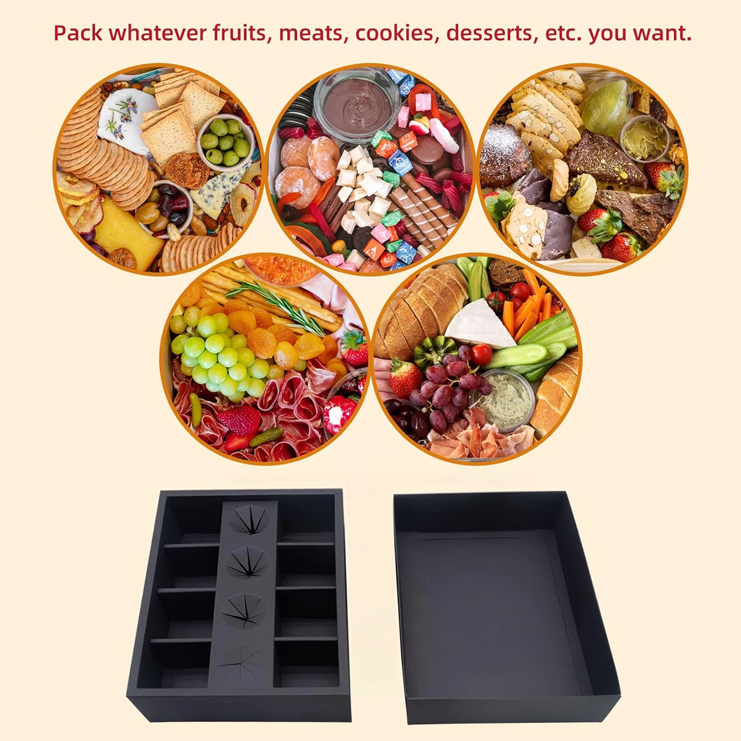 100% Recycled Kraft Paper Black Party Chocolate Cookie Dessert Boxes Catering Packaging Platter Box With Dividers Lid