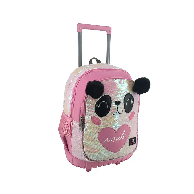 2023 new design girls cute panda pink glitter sequin backpack trolley school bag wheeled school backpack