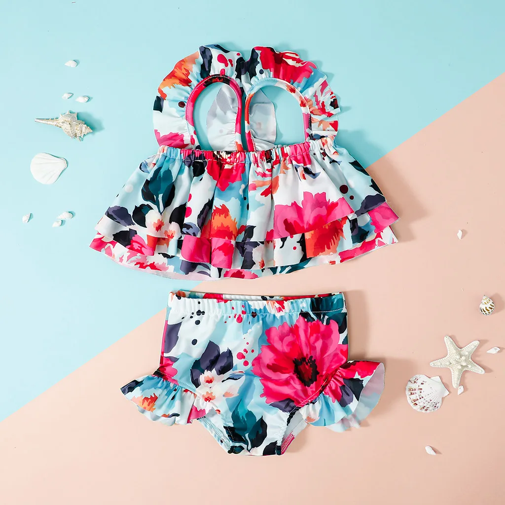 Custom Design Printed Baby Girl Swimwear Kids 2 Pieces Bikini Swimsuits Kids Swimming Costumes
