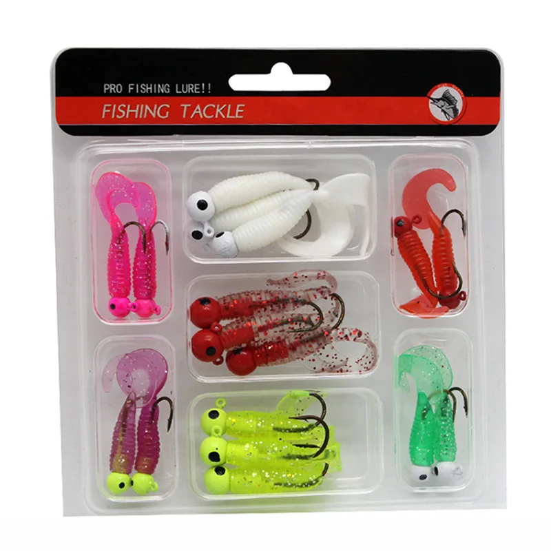 Cheap 17pcs/Box Soft Plastic Grub Tail Worm Lure Bait Crappie Jigs Head Hook Complete Kit Soft Fishing Lure Set For Bass