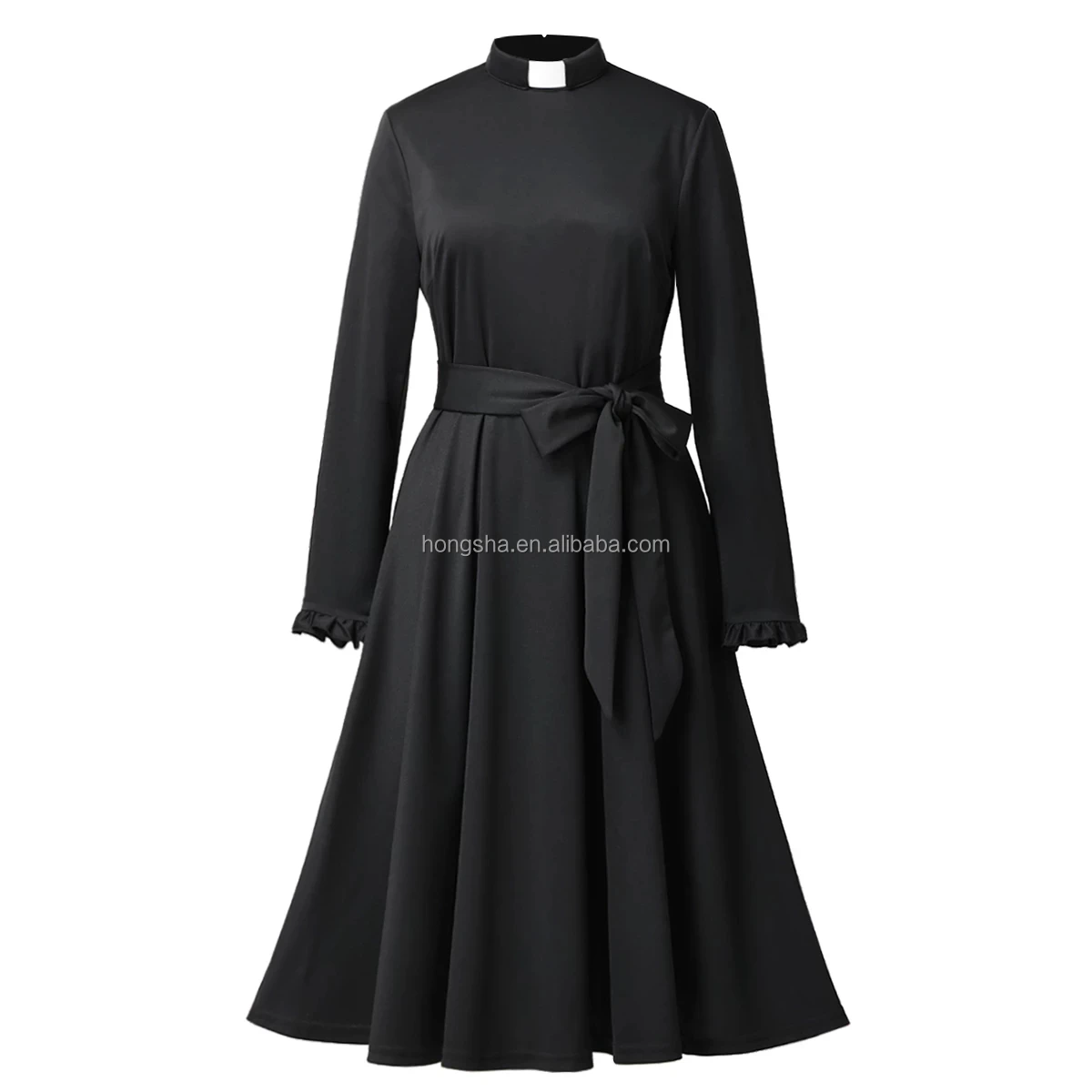 Priest Collar Church Dresses For Black Women Mission Occasion Womens Church Dresses A Line Belt Waist Midi Church Dress