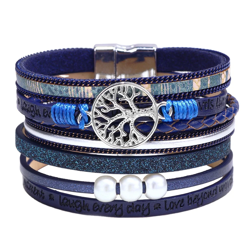 Hot Selling Bracelet Women Fashion Hollow Tree of Life Embossed Letters Pearl Bracelet Magnetic Clasp