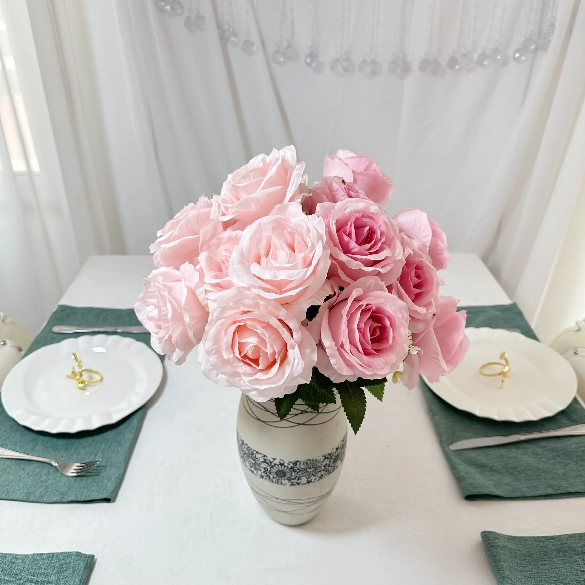 Wholesale 9 Heads Flowers Bunch Red Roses Blue Crystal Rose Heads Silk Flowers Real Black Decor Artificial Flower