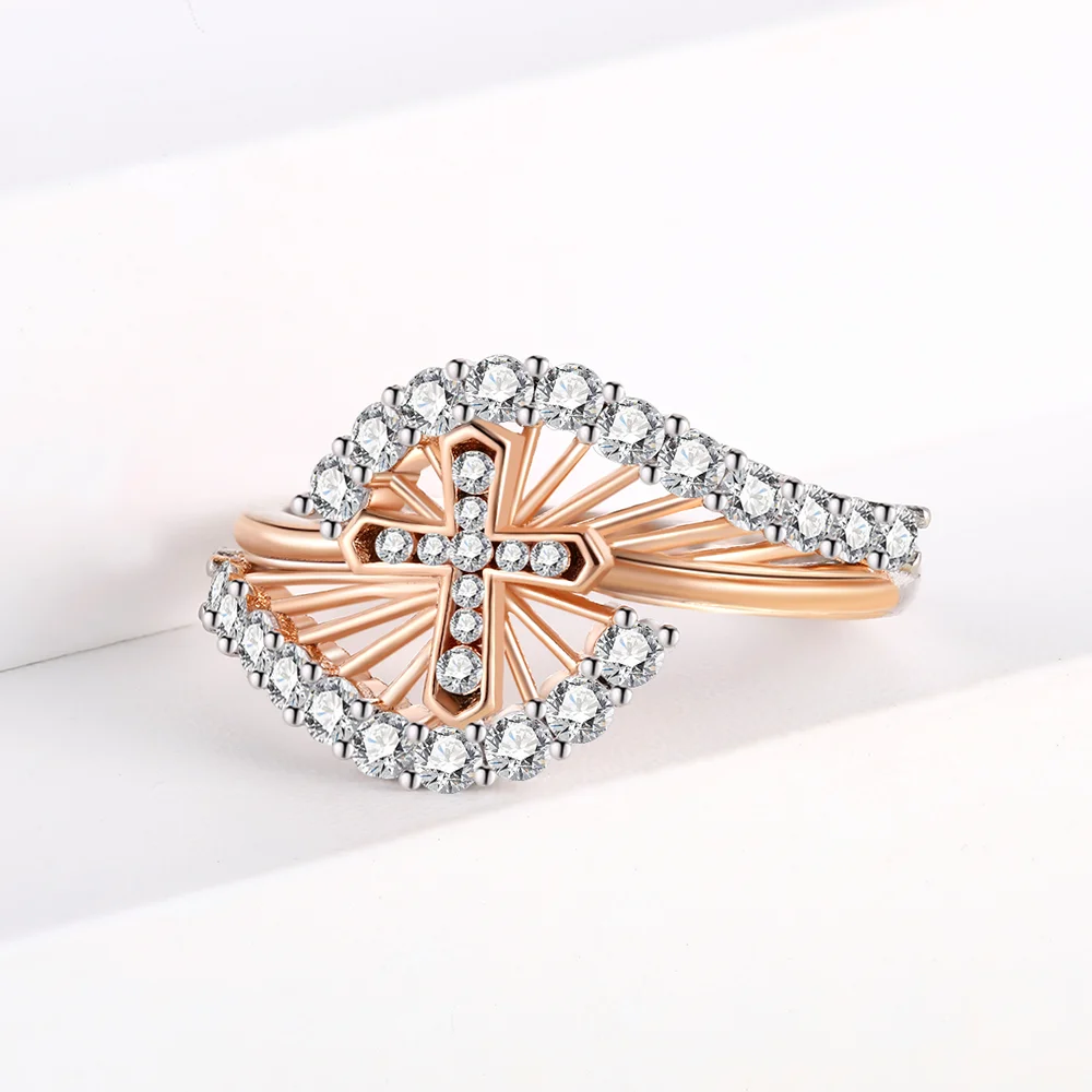 Customized 925 Sterling Silver 14K Gold Plated Pink Infinity Heart Cubic Zircon Cross Finger Ring Two Tone Rings Jewelry Women