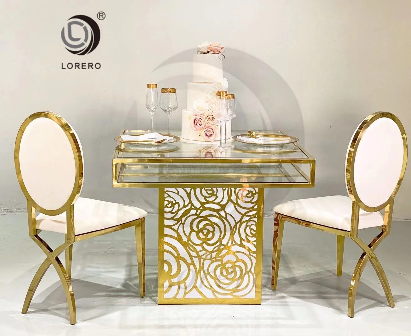 luxury  gold Stainless Steel top frame dining  table  for  wedding banquet