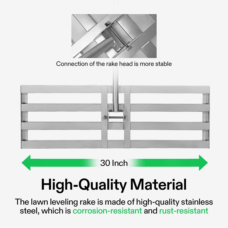 JH-Mech Lawn Leveler 30*10 Inch Heavy-Duty Cold Galvanizing Adjustable Long Handle Stainless Steel Lawn Leveling Rake