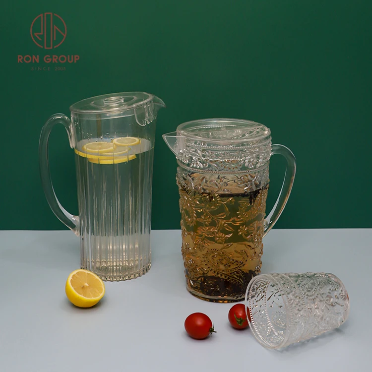 Transparent Embossed Shatter-proof Pitcher with Handle Spout Drinking Restaurant Wedding Party Plastic Jugs