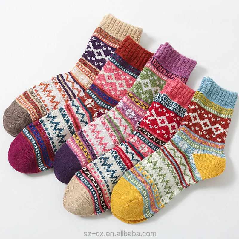 2022 Custom Multicolor Novelty Vintage Fashion Ladies Warm Fluffy Thick Wool Crew Knitted Socks 5 Pack Soft Winter Women Socks (1600685184076)