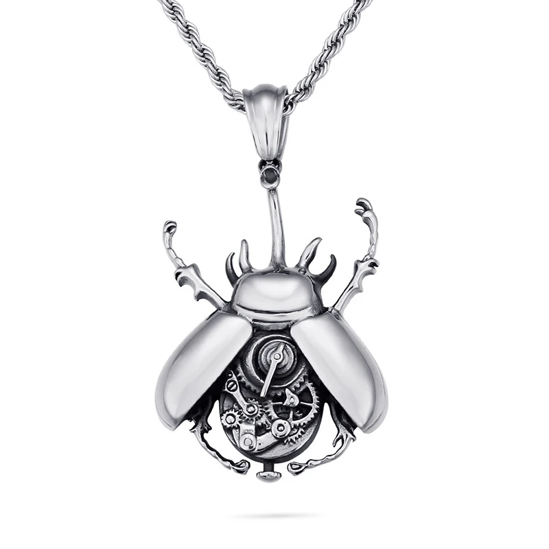 YK Steampunk Beetle Scarab Necklace Titanium Steel Machinery Jewelry Machine Gear Wheel Dung Pendant Fashion Rock Hot Charm Gift