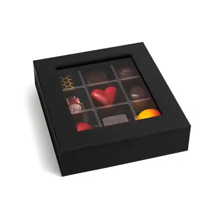 Custom empty black chocolate truffle box packaging with window boxes for truffles