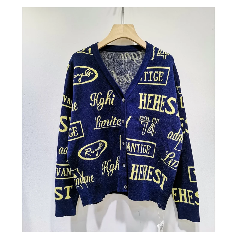 New Korean style loose lazy high waist V-neck top jacquard letter cardigan knitted sweater coat for women Autumn
