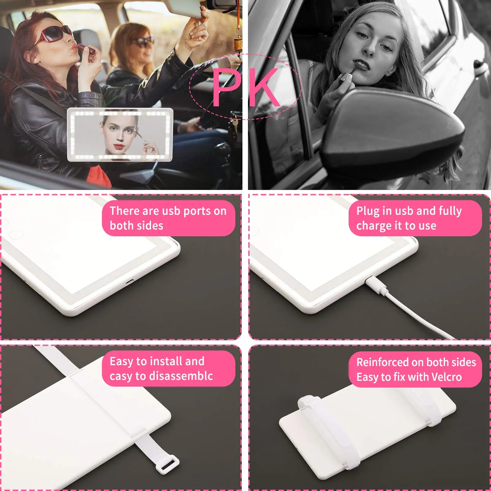 Rear View Sun-Shading Cosmetic LED Lights Car Visor Car Interior RearView Makeup Mirror for Car Truck SUV with Touch Screen USB