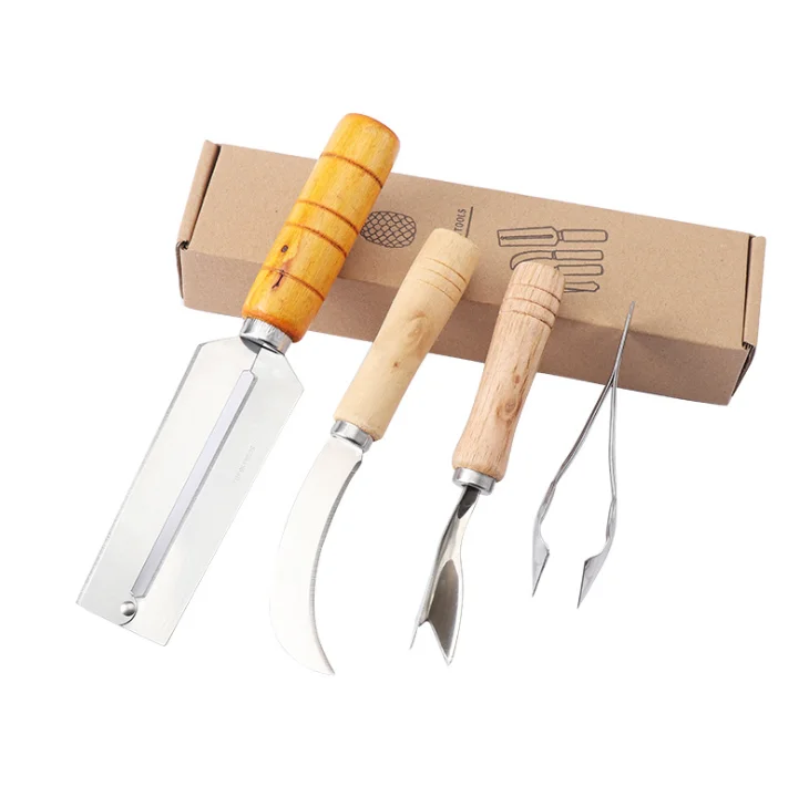 4Pcs Stainless Steel Sugar Cane Peeler Knife Pineapple Remove Seed Clip With Wooden Handle Multifunctional Kitchen Gadget Tool