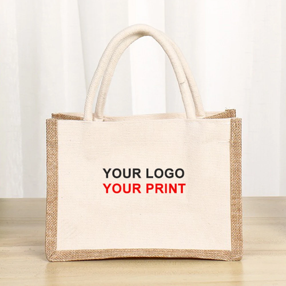 Reusable women handbags gym beach travel pool custom tote bag linen jute canvas shopping bag