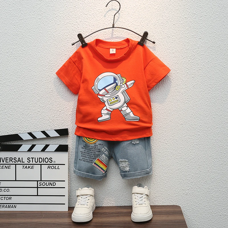 2024 Summer Handsome Baby Boys Boutique Clothing Wholesale Astronaut Short Sleeve T Shirt Jeans 2Pcs Kids Tracksuits Sets