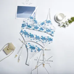 Комплект нижнего белья из 3 предметов с кружевной подвязкой и вышивкой 7 цветов