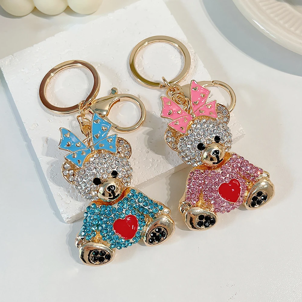 Custom Creative Bear Pendant Light Keychain Rhinestone Crystal Handbag Decorative Metal Keychains with Bow