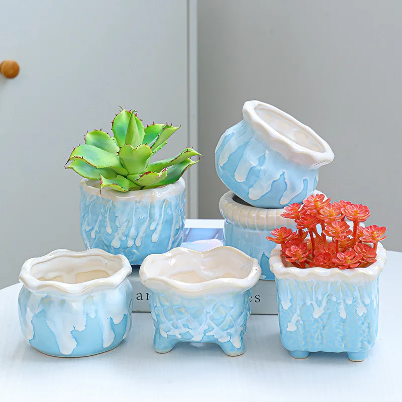Blue And White Flower Porcelain Modern Design Planter Ceramic Plant Korean Succulent Pot