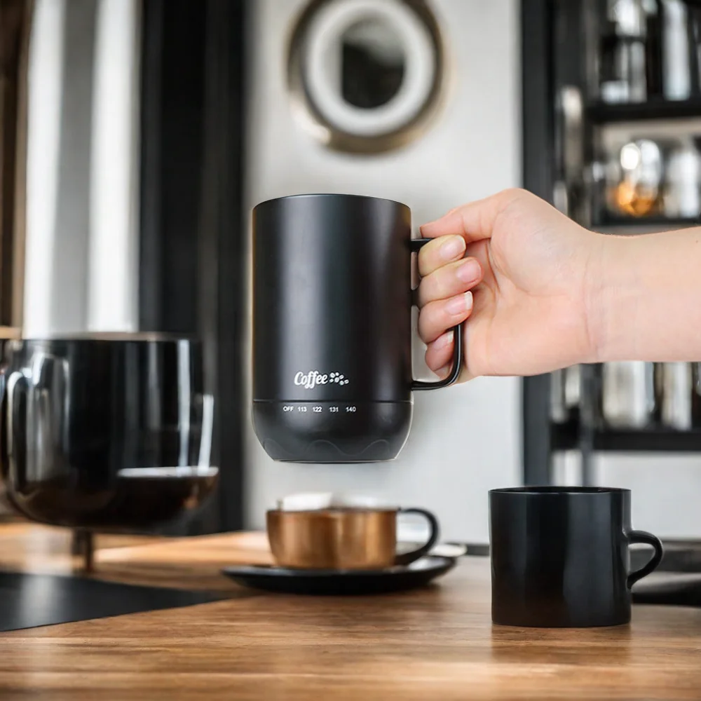 14 oz Ceramic Coffee Mug Temperature Control 4-hour Battery Life Heated Stainless Steel Direct Drinking Office Use-Black Color