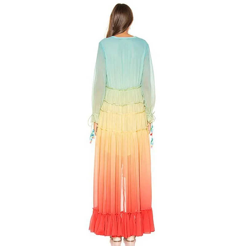 Women ruffles sweet vestidos rainbow print summer bohemian dress holiday long beach dress bohemian beach maxi dresses