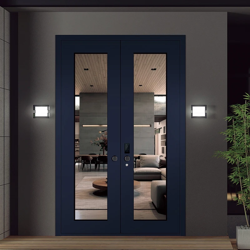 Tempered Glass Double Entrance Door Intelligent System Safety Lock Front Entry Door With Sidelight