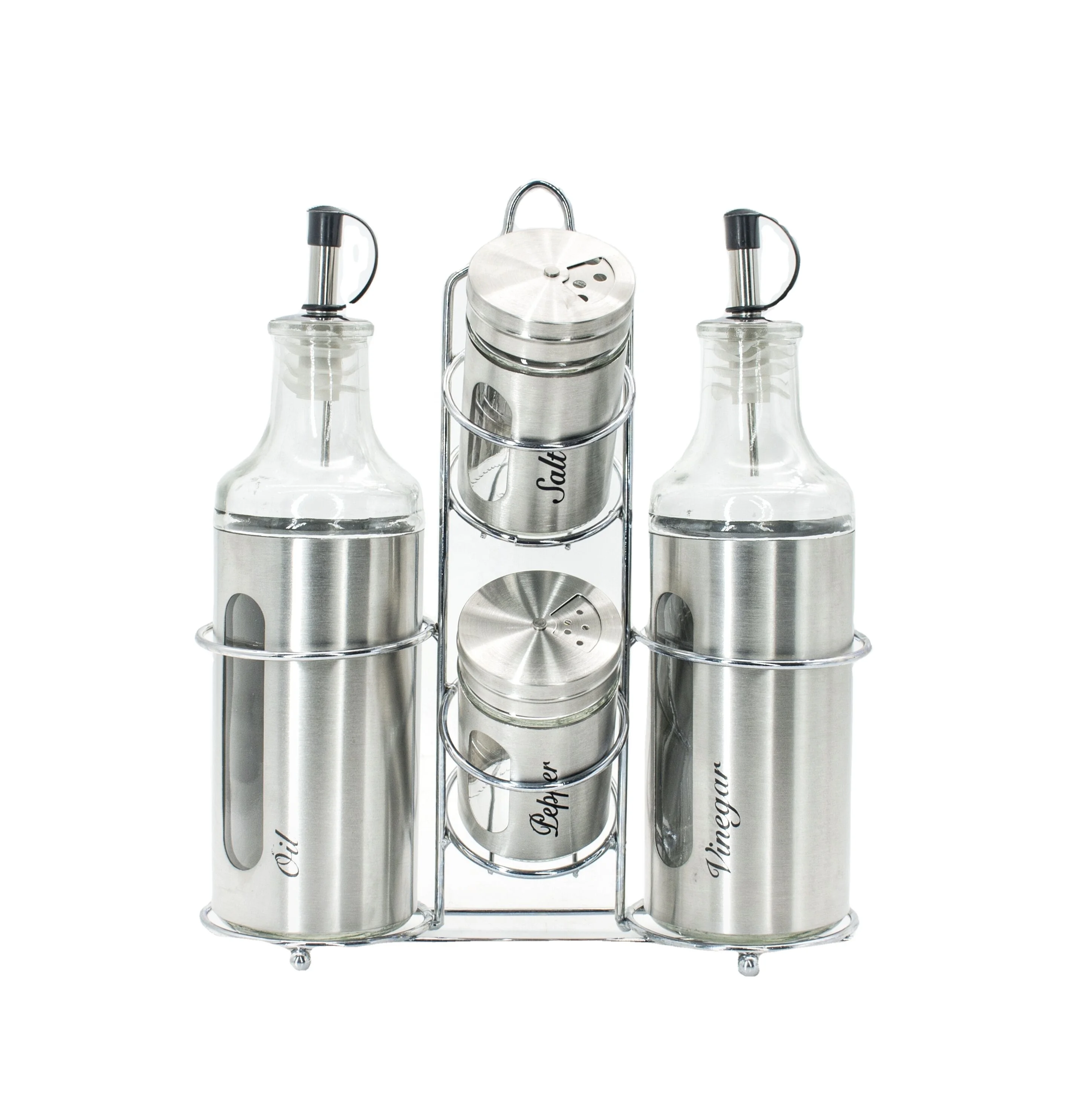 4Pcs Seasoning Stainless Steel Spice Jar Set With Metal Rack For Vinegar And Oil Kitchen Storage Glass Spice Jar rack Set