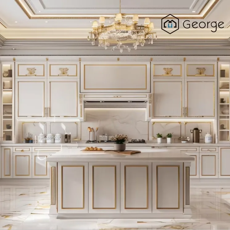 George White color gold border classical cabinet with glass wall cabinet