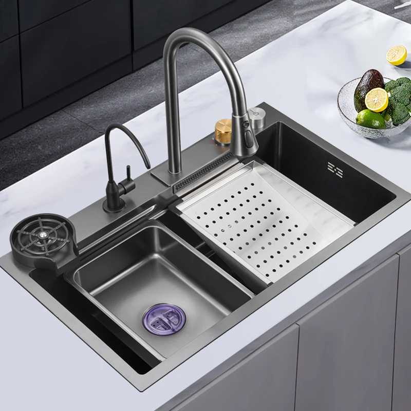 Sanitary Ware Wash single bowl Double Bowl Stainless Steel Handmade Kitchen Undermount Sink With Waterfall Faucet