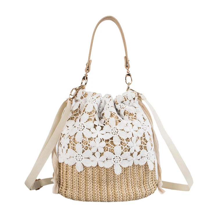 Korean Flower Women Mini Round Shape Small Sling Rattan Bucket Bag