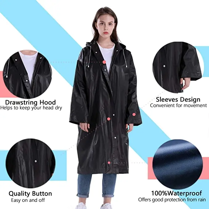 Long Translucent Rain Poncho Adults EVA Reusable Raincoat Emergency Rain Gear Jacket Hood Elastic Sleeve waterproof