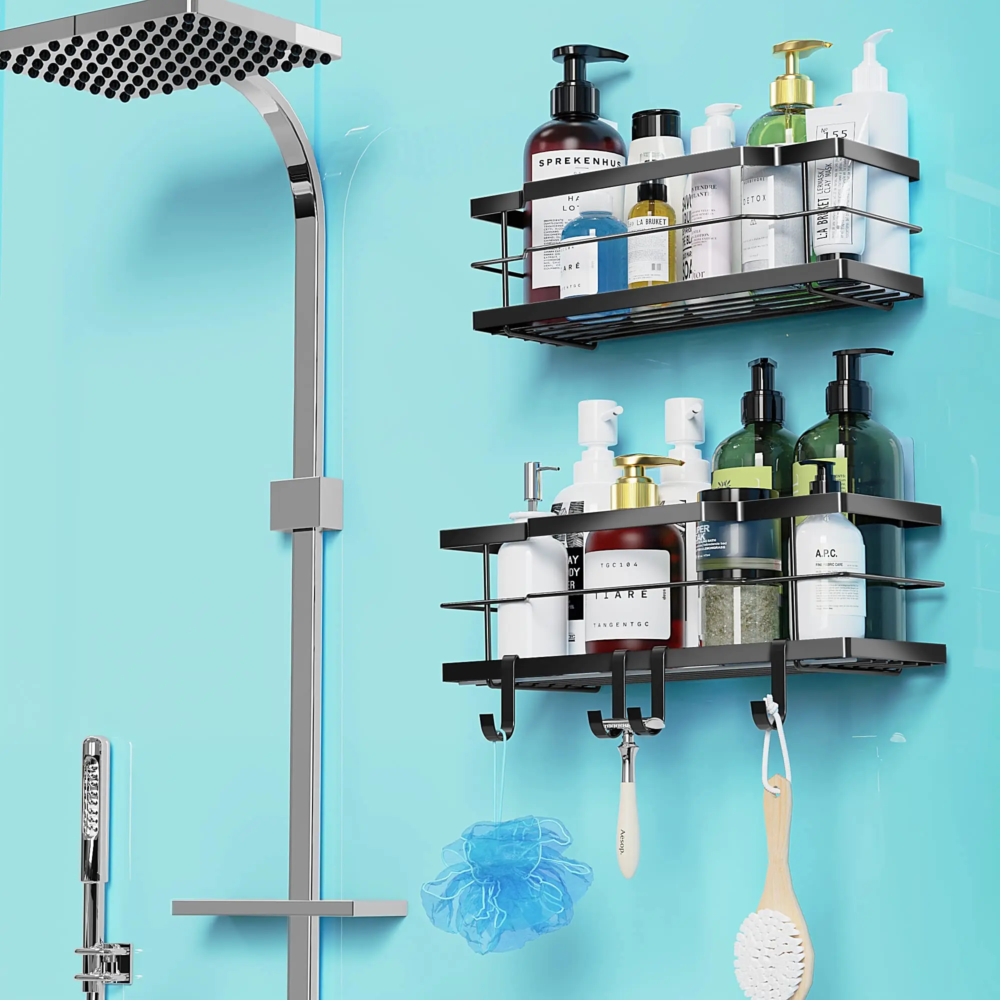Metal No Drilling Wall Mounted Storage Bathroom Towel Organizer Adhesive Shower Caddy Soap Rack Shelf with Hook
