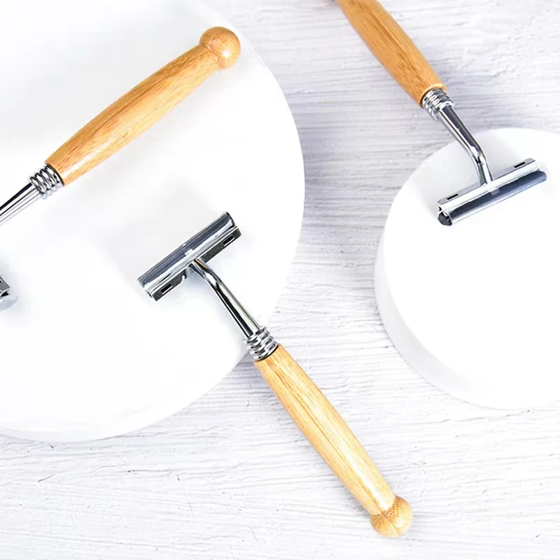 Best Custom Logo Long Natural Bamboo Handle Safety Razor Biodegradable for Home Hotel