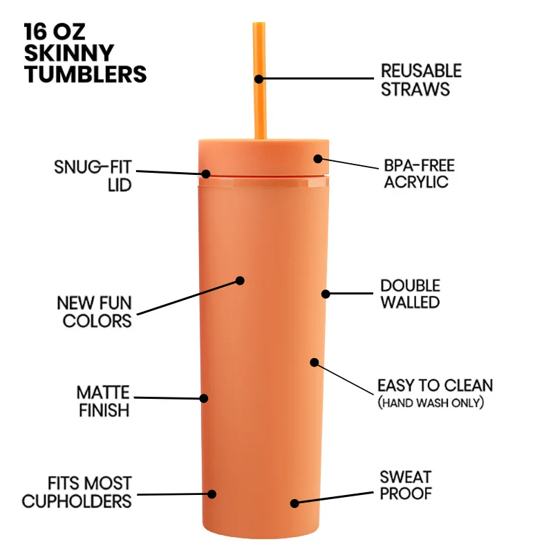 
Frosted Rubber Plastic Painted Straight Skinny 16oz Tumbler Sports Water Cup Tumbler with Straws 