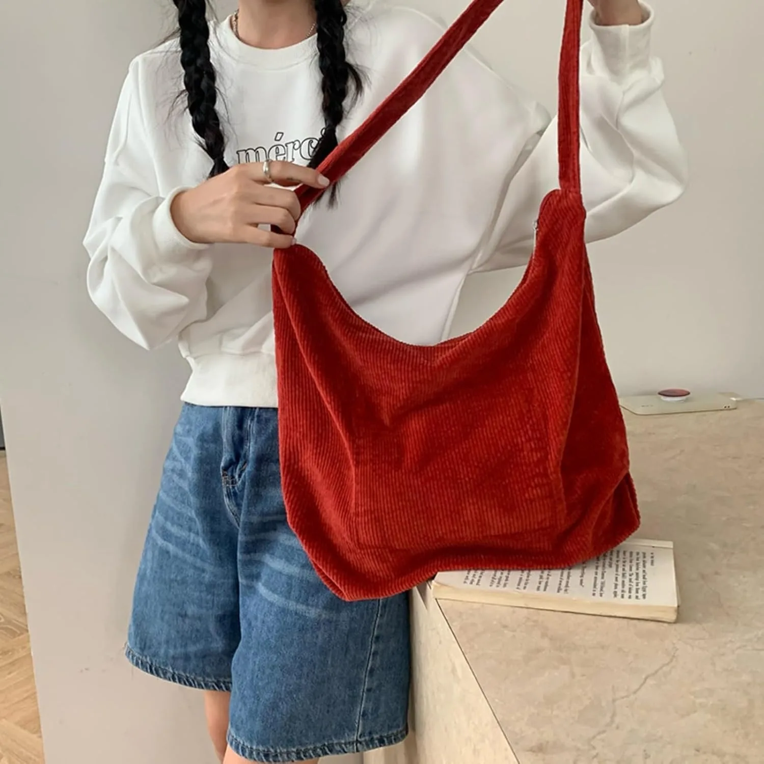 Fashion Style Custom Hot Sale Corduroy Canvas Bag Commuting Tote Bag Large Capacity Reusable Bag